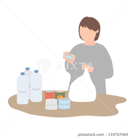 插圖描繪了一名婦女檢查緊急食品儲備,這是她災難準備工作的一部分。 插圖描繪了一名婦女檢查緊急食品儲備,這是她災難準備工作的一部分。 139787069