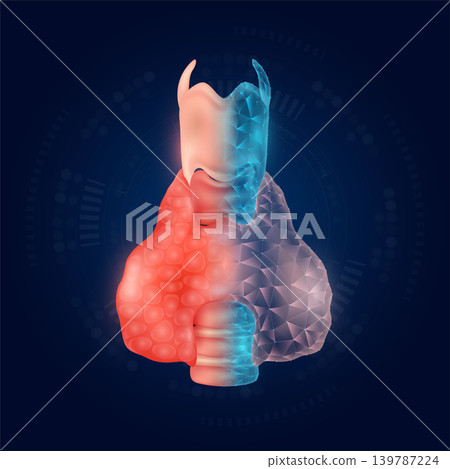 Thyroid gland realistic shape model with translucent polygon on dark blue background. Medical science technology. Vector EPS10. 139787224