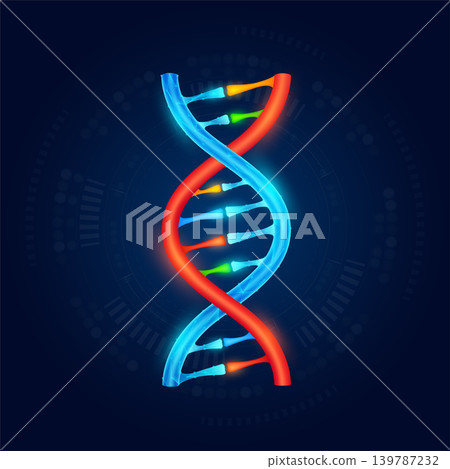 DNA Deoxyribonucleic acid. Chromosome realistic shape model with translucent polygon on dark blue background. Medical science technology. Artificial genetic engineering or gene editing concept. Vector DNA Deoxyribonucleic acid. Chromosome realistic shape model with translucent polygon on dark blue background. Medical science technology. Artificial genetic engineering or gene editing concept. Vector 139787232