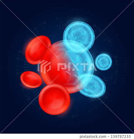 Erythrocyte realistic shape model with translucent polygon on dark blue background. Medical science technology. Vector EPS10. Erythrocyte realistic shape model with translucent polygon on dark blue background. Medical science technology. Vector EPS10. 139787233