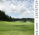 A golf course under the summer sky and surrounded by lush greenery. 139787529