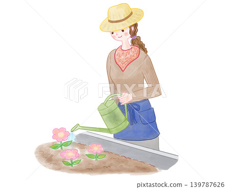 一位戴著草帽的女子正在花園裡澆花。 一位戴著草帽的女子正在花園裡澆花。 139787626