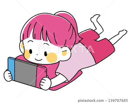 An illustration of a girl playing a game while lying down. 139787885