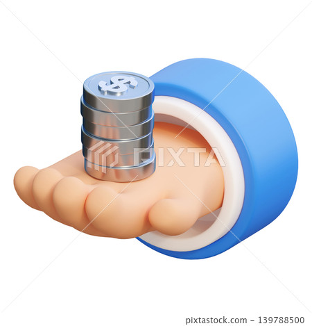 3D illustration of a hand holding a stack of silver dollar coins isolated on white background 3D illustration of a hand holding a stack of silver dollar coins isolated on white background 139788500