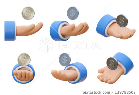 3D illustration set of hands with floating silver dollar coins isolated on white background 3D illustration set of hands with floating silver dollar coins isolated on white background 139788502