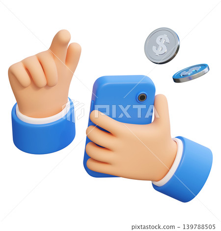 3D illustration of a hand holding a smartphone from back view with floating silver dollar coins 139788505