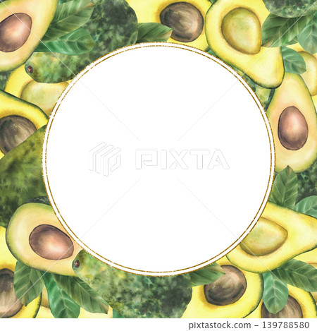 Avocado whole and sliced with green leaves and golden circle frame. Hand painted watercolor tropical fruit isolated from background illustration for packaging, branding, food menu and label design. Avocado whole and sliced with green leaves and golden circle frame. Hand painted watercolor tropical fruit isolated from background illustration for packaging, branding, food menu and label design. 139788580