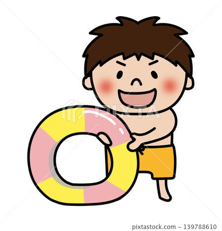一個活潑又頑皮的男孩穿著泳衣，手裡拿著游泳圈。 139788610