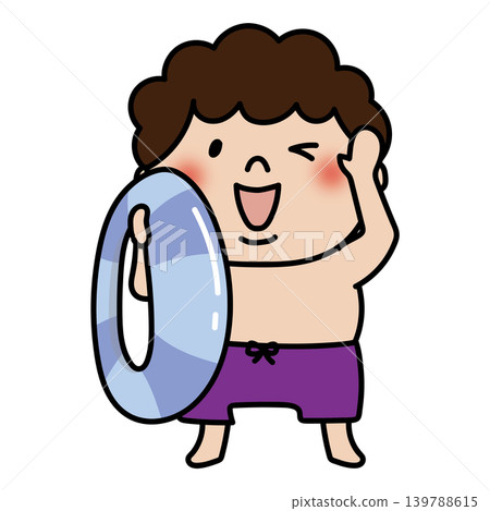 A chubby, curly-haired boy in a swimsuit holding a lifebuoy. 139788615