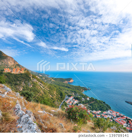 Amazing sunset view of Adriatic coast from church st. Sava viewpoint near Budwa Amazing sunset view of Adriatic coast from church st. Sava viewpoint near Budwa 139789141