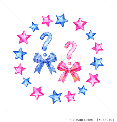 Festive watercolor illustration for a gender reveal party, delicately hand drawn. It features a pink and a blue question mark, each adorned with a matching satin ribbon bow, enclosed within a round Festive watercolor illustration for a gender reveal party, delicately hand drawn. It features a pink and a blue question mark, each adorned with a matching satin ribbon bow, enclosed within a round 139789504