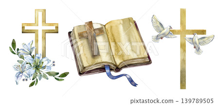 Hand drawn watercolor elements set of Christian religious symbols. Features a gold cross decorated with white lilies, an open old bible with a small wooden cross, and two flying white doves flanking a Hand drawn watercolor elements set of Christian religious symbols. Features a gold cross decorated with white lilies, an open old bible with a small wooden cross, and two flying white doves flanking a 139789505