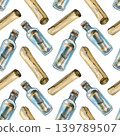 Watercolor seamless pattern featuring vintage glass bottles with corks containing rolled paper messages, arranged alongside separate old paper scrolls. A nautical, hand drawn illustration full of 139789507