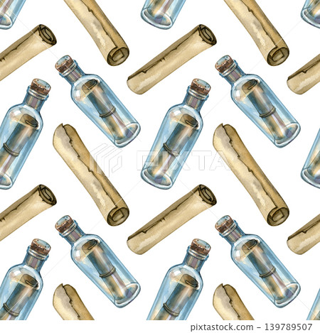 Watercolor seamless pattern featuring vintage glass bottles with corks containing rolled paper messages, arranged alongside separate old paper scrolls. A nautical, hand drawn illustration full of Watercolor seamless pattern featuring vintage glass bottles with corks containing rolled paper messages, arranged alongside separate old paper scrolls. A nautical, hand drawn illustration full of 139789507