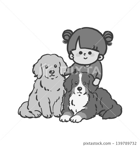 一幅黑白插圖，描繪了一隻大狗和一個女孩相處融洽的場景。 139789732