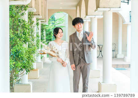Bride and groom walking in the wedding hall (entrance, wedding, Asian) Bride and groom walking in the wedding hall (entrance, wedding, Asian) 139789789