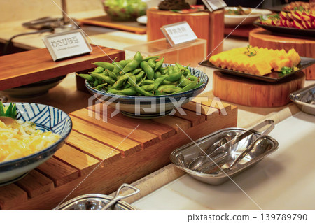 Edamame and Japanese food menus at the cruise ship buffet 139789790