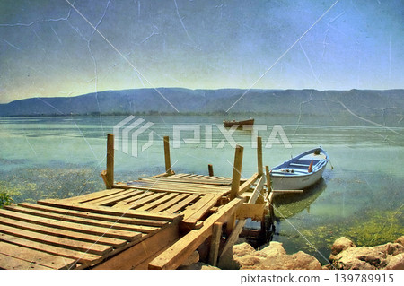 Golyazi Lakeside Village Bursa,Turkiye. Serene view of Golyazi on Uluabat Lake, Bursa, Turkey.  139789915