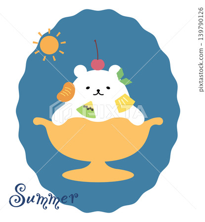 A refreshing summer illustration featuring a fruit parfait and a polar bear. 139790126