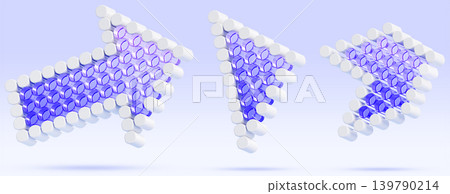 Hologram glass dotted 3D arrow icon set isolated on background. Navigation sign to right, direction symbols with triangle pointers. Round pixel designs with white blue purple gradient. 3D illustration 139790214