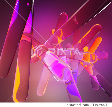 Abstract glass 3d background with neon purple pink orange gradient. Geometric chaos pattern, transparent rounded lines with vibrant liquid wave texture, prism lens distortion effect. 3D illustration Abstract glass 3d background with neon purple pink orange gradient. Geometric chaos pattern, transparent rounded lines with vibrant liquid wave texture, prism lens distortion effect. 3D illustration 139790218