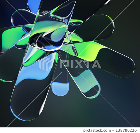 Abstract glass dark 3d background. Transparent rounded lines refract light in neon blue green gradient, liquid distortion effect, smooth wavy shapes. Trendy wallpaper, graphic design. 3D illustration Abstract glass dark 3d background. Transparent rounded lines refract light in neon blue green gradient, liquid distortion effect, smooth wavy shapes. Trendy wallpaper, graphic design. 3D illustration 139790220