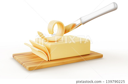 3d butter block with curl and knife on wooden cutting board. Cut pieces of spread or margarine, creamy dairy product for breakfast or baking. Realistic render icon isolated on white. 3D illustration 3d butter block with curl and knife on wooden cutting board. Cut pieces of spread or margarine, creamy dairy product for breakfast or baking. Realistic render icon isolated on white. 3D illustration 139790225