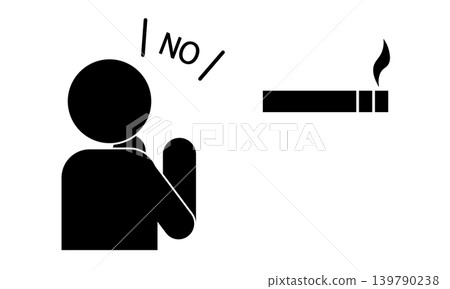 A monochrome pictogram illustration of someone saying "NO" to cigarettes, signifying a refusal to smoke and rejection of secondhand smoke. A monochrome pictogram illustration of someone saying "NO" to cigarettes, signifying a refusal to smoke and rejection of secondhand smoke. 139790238