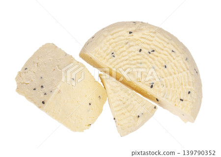 Fresh sesame soft cheese assortment isolated on white background, top view dairy composition for food branding 139790352