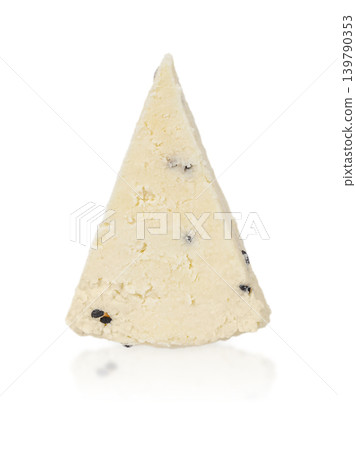 Triangular piece of fresh soft cheese with black sesame isolated on white background, minimalist dairy concept 139790353