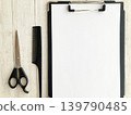 Binder for hair salon consultations, menus, and price lists, and a complete set of tools for hairdressers and barbers. 139790485