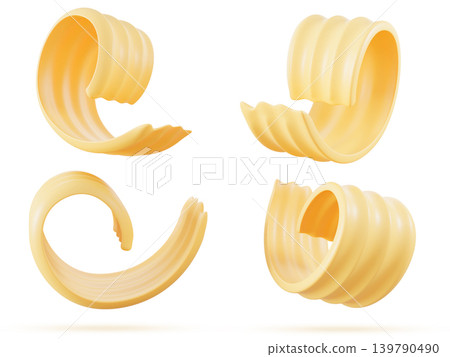 3D butter curls or rolls set isolated on white bg. Soft swirls of margarine or spread, slices of natural dairy product. Vegan vegetable fat with creamy texture for cooking food, ads. 3D illustration 3D butter curls or rolls set isolated on white bg. Soft swirls of margarine or spread, slices of natural dairy product. Vegan vegetable fat with creamy texture for cooking food, ads. 3D illustration 139790490