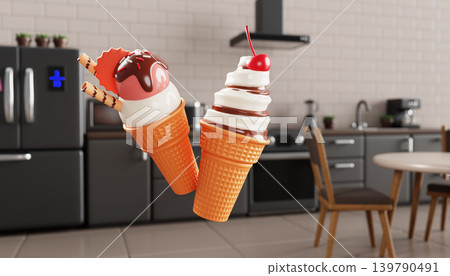 Ice cream in waffle cup against backdrop of modern kitchen. Realistic 3d render of home interior with refrigerator, table and chairs. Homemade vanilla gelato with chocolate and cherry. 3D illustration 139790491