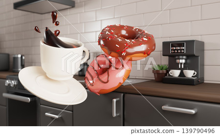 3D coffee with donuts in bakery shop or home kitchen interior. Modern cafe or bar with furniture and coffee machine. Doughnut with pink icing, chocolate and americano for breakfast. 3D illustration 139790496