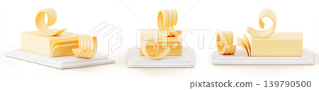 Butter block with slices and curls on butter dish 3d set. Pieces and swirls of creamy dairy product on white plate in different angles. Milk fat, spread or margarine for cooking food. 3D illustration 139790500