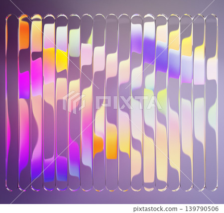 Liquid fractal glass texture with neon gradient waves ripple effect, radiant abstract render background. Vertical transparent stripes geometry pattern, refracted light, fluid colors. 3D illustration Liquid fractal glass texture with neon gradient waves ripple effect, radiant abstract render background. Vertical transparent stripes geometry pattern, refracted light, fluid colors. 3D illustration 139790506