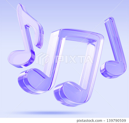 Hologram glass music notes on light purple 3d background. Eighth, quarter notes with notehead, stem, beam and flag. Musical notation, song chords, melody symbols, audio track icon. 3D illustration Hologram glass music notes on light purple 3d background. Eighth, quarter notes with notehead, stem, beam and flag. Musical notation, song chords, melody symbols, audio track icon. 3D illustration 139790509
