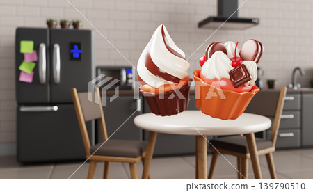 3D cupcakes floating in modern kitchen interior. Homemade baking, making cake at home, muffins with cream, chocolate, cherry. Interior with table, chairs, refrigerator, sweet desserts. 3D illustration 139790510