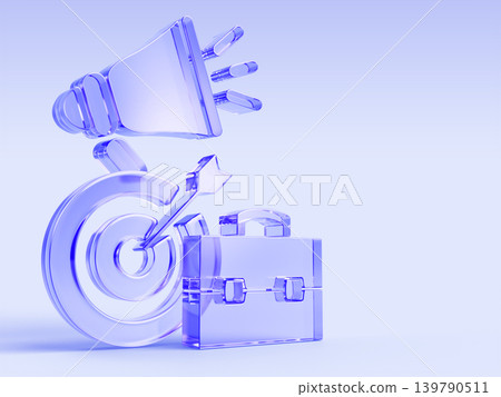 Blue glass megaphone, briefcase and business target with arrow 3D background. Hire employee announce, advertising campaign, communication, marketing promo message for discount, sale. 3D illustration 139790511