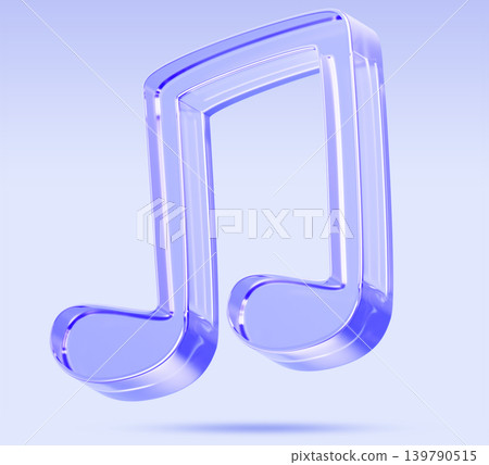 3D hologram glass music note song icon render. Staff notation, notehead with beam, bar line connects stems. Musical rhythm, sound and melody, crystal symbol with blue purple gradient. 3D illustration 139790515