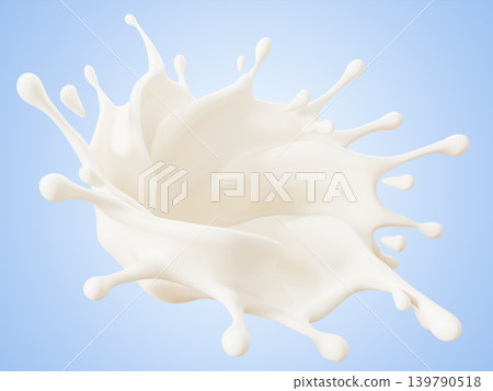 Milk explosion on blue 3d background. White liquid splash with drops, swirl flow, dynamic circular wave effect. Realistic dairy product motion design for packaging and advertising. 3D illustration Milk explosion on blue 3d background. White liquid splash with drops, swirl flow, dynamic circular wave effect. Realistic dairy product motion design for packaging and advertising. 3D illustration 139790518