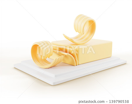 3D butter dish with block of butter and curl. Soft yellow slices with swirls of margarine or vegan vegetable spread on white plate. Rolled creamy dairy product, natural breakfast food. 3D illustration 139790538