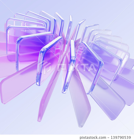 Radial glass circle pattern with holographic gradient, purple concentric ring of transparent square and rectangle shapes on light blue 3d background. Abstract circular array effect. 3D illustration Radial glass circle pattern with holographic gradient, purple concentric ring of transparent square and rectangle shapes on light blue 3d background. Abstract circular array effect. 3D illustration 139790539