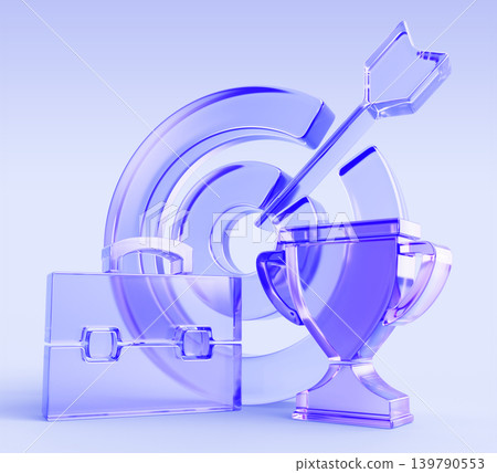 Business goal, concept of achievement, success and competitors victory. Hologram glass target with arrow, briefcase and trophy cup icon render. Award to best employee, 3d web banner. 3D illustration Business goal, concept of achievement, success and competitors victory. Hologram glass target with arrow, briefcase and trophy cup icon render. Award to best employee, 3d web banner. 3D illustration 139790553