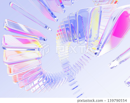 Spiral glass array effect - rainbow square or rectangle 3d shapes with gradient colors, twist transparent blocks. Abstract geometry background wallpaper, crystal hologram wave pattern. 3D illustration 139790554