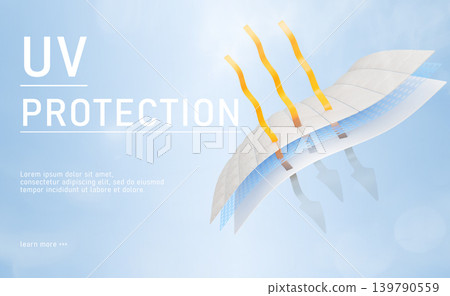 Sun protection fabric landing page. 3D render web banner with densely woven cloth absorbs UV radiation, sunlight rays. Layered sunscreen material with golden arrows on blue background. 3D illustration 139790559