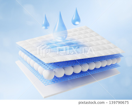 3D absorbent material icon with wet stain and blue water drops, layered effect. Durable natural fibers, cotton, bamboo or hemp. Period panties, cloth pads, diapers or sanitary napkins. 3D illustration 3D absorbent material icon with wet stain and blue water drops, layered effect. Durable natural fibers, cotton, bamboo or hemp. Period panties, cloth pads, diapers or sanitary napkins. 3D illustration 139790675