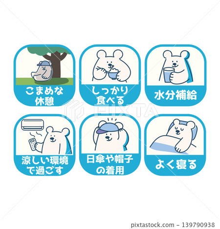 A set of illustrated instructions for preventing heatstroke. 139790938