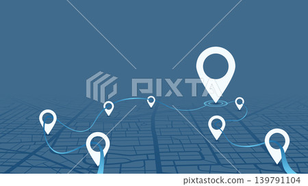 An abstract navigation plan highlights POI including city streets, blocks. City map featuring directional signs, an intended goal point and multiple markers. Editable vector illustration An abstract navigation plan highlights POI including city streets, blocks. City map featuring directional signs, an intended goal point and multiple markers. Editable vector illustration 139791104