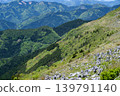 The majestic mountain ranges of Shikoku can be seen from the karst plateau dotted with limestone formations. 139791140